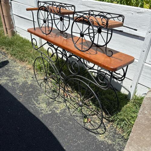 Wrought Iron and Wood Wagon Shaped Plant Stands