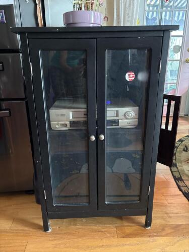 Black Glass-Door Media Cabinet with Equipment