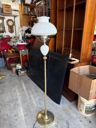 Vintage Hobnail Milk Glass Parlor Floor Lamp with Brass and Wood Accents