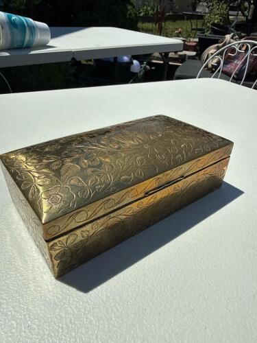 Vintage Brass Engraved Jewelry Box with Floral Design
