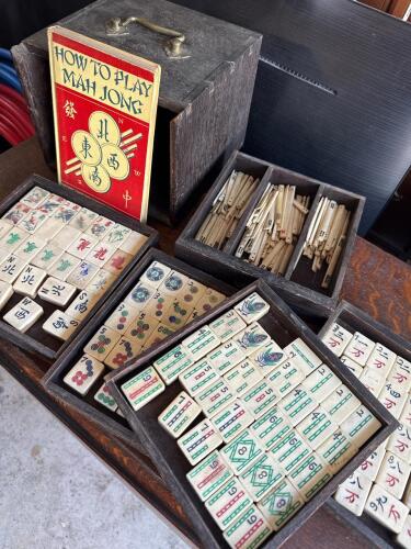 Vintage Mah Jong Set, Tiles, Counting Sticks, Wood Box