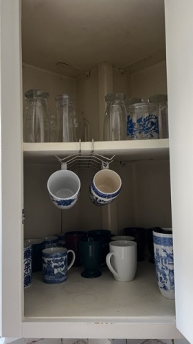 Blue and White Willow-Pattern Ceramic Mugs with Other Mugs and Glassware