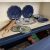 Assorted Blue and White Plates, Platter, Trivets, Etc.