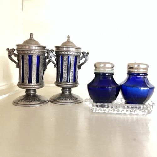 Two Sets of Cobalt Glass Salt and Pepper Shakers