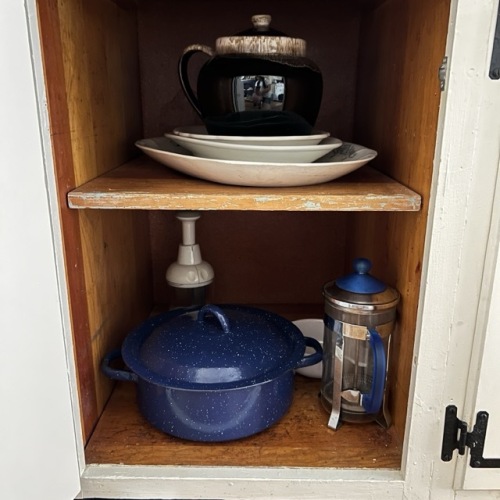 Assorted Kitchenware: Enamel Pot, French Press, Plates