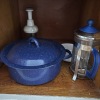 Assorted Kitchenware: Enamel Pot, French Press, Plates - 3