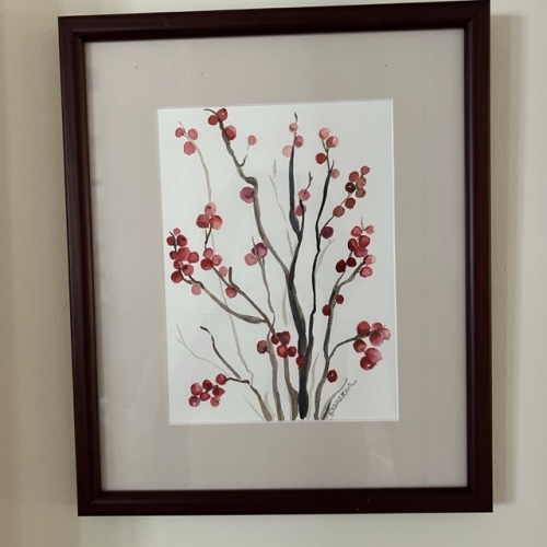 Framed Signed Watercolor Painting of Red Berries