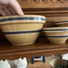 Set of Yellow Ware Bowls with Blue Bands and "Simplify" Wooden Sign - 7