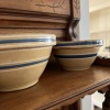 Set of Yellow Ware Bowls with Blue Bands and "Simplify" Wooden Sign - 12