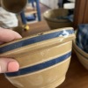 Set of Yellow Ware Bowls with Blue Bands and "Simplify" Wooden Sign - 16