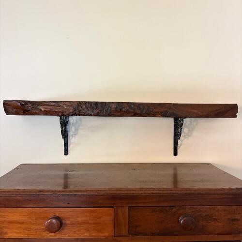 Rustic Live Edge Wall Shelf with Ornate Black Cast Iron Brackets