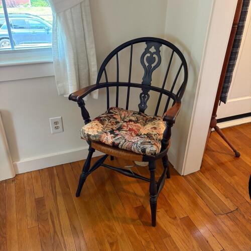 Windsor Style Armchair with Rush Seat and Floral Cushion