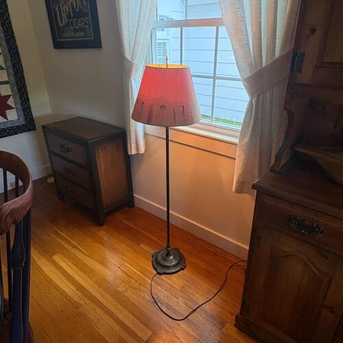 Vintage Floor Lamp with Cast Iron Base, Botanical Parchment Shade, and Three Candelabra Bulbs