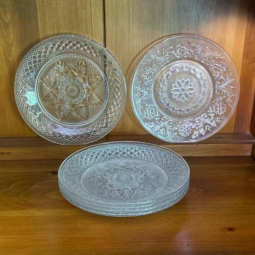Six Vintage Clear Pressed Glass Dessert Plates