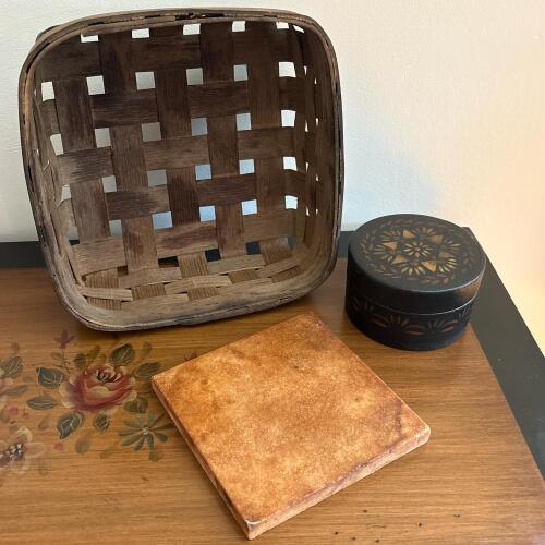 Primitive Country Decor Lot - Basket, Coaster Set and Stone Tile