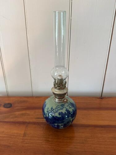 English Porcelain Oil Lamp with Blue Transferware Design and Glass Chimney