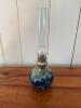 English Porcelain Oil Lamp with Blue Transferware Design and Glass Chimney