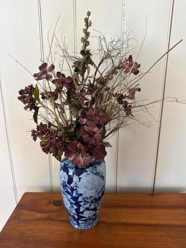 Large Blue & White Floral Porcelain Vase with Dried/Artificial Flower Arrangement