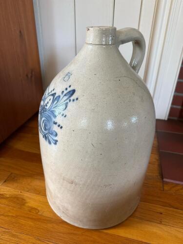 Vintage Stoneware Jug with Blue Floral Decoration