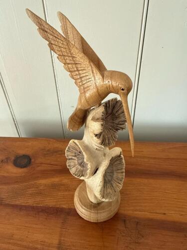 Hand-Carved Wooden Hummingbird and Flower Sculpture
