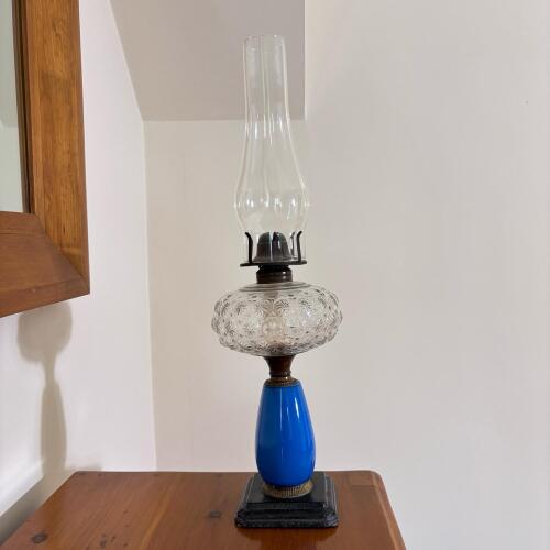 Vintage Glass Oil Lamp with Blue Base & Starburst Pattern