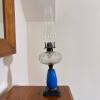 Vintage Glass Oil Lamp with Blue Base & Starburst Pattern