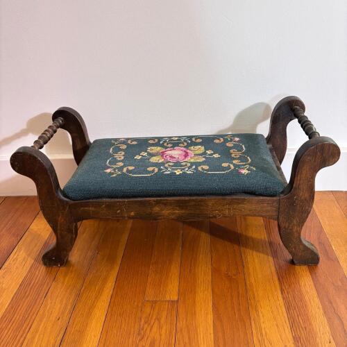 Vintage Wooden Footstool with Floral Needlepoint Upholstery