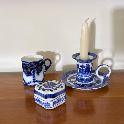 Vintage Blue & White Ceramic Candlestick, Trinket Box, & Cup