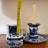 Vintage Blue & White Ceramic Candlestick, Trinket Box, & Cup - 14