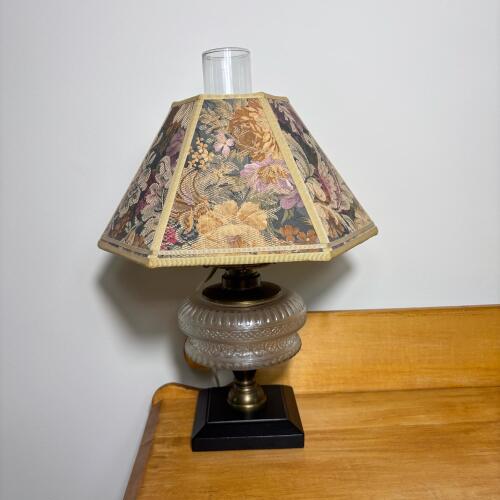 Vintage Lamp with Glass Base & Floral Tapestry Shade