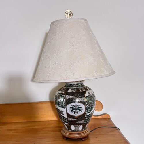 Vintage Ceramic Ginger Jar Table Lamp with Embroidered Shade