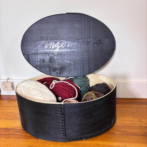Vintage Zingerman's Wooden Box with Assorted Wool Yarn Skeins