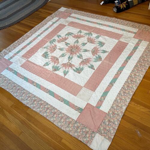 Vintage Handmade Pink & Green Floral Patchwork Quilt, 78" x 79"