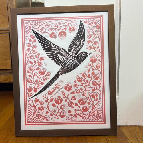 Framed Wall Art with Bird and Floral Motif, 12"x15"