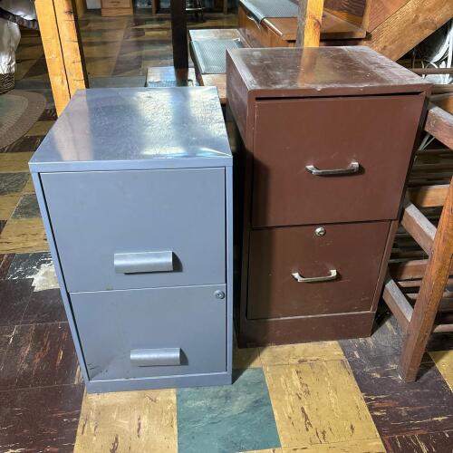 Pair of 2-Drawer Metal Filing Cabinets, Blue & Brown