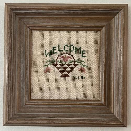 Framed 1986 Handmade Welcome Cross-Stitch Art