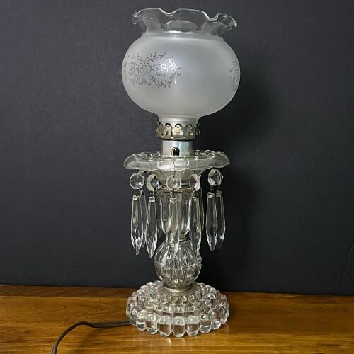 Vintage Crystal Hurricane Table Lamp w/ Etched Globe