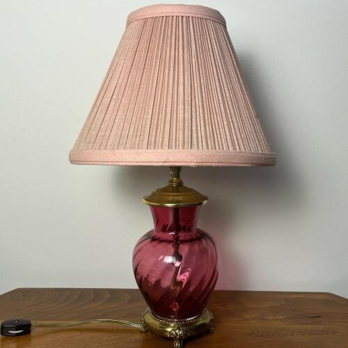 Vintage Cranberry Swirl Glass Table Lamp with Pleated Pink Shade