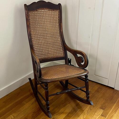 Vintage Wooden Cane Rocking Chair with Scroll Arms and Cane Seat