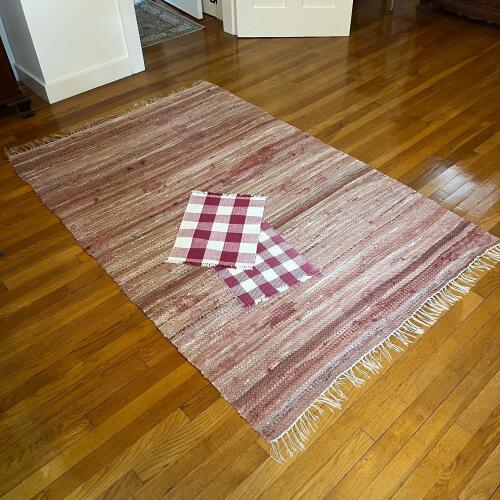 Woven Large Area Rug and Two Plaid Placemats with Fringe