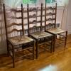 Set of 3 Brown Wood Ladder Back Dining Chairs with Rush Seating