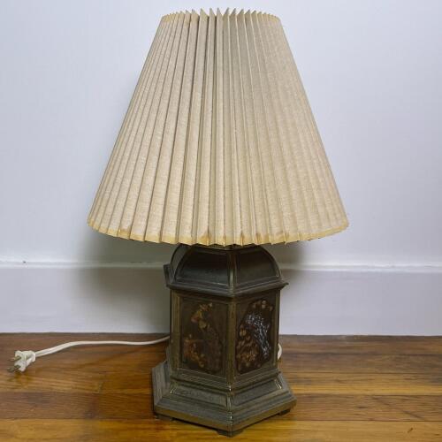 Vintage Hexagonal Metal Table Lamp with Bird Motif Panels, and Pleated Fabric Shade