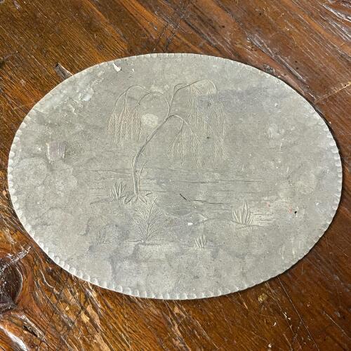 Everlast Metal Hand-Forged Oval Decorative Tray with Engraved Willow Scene