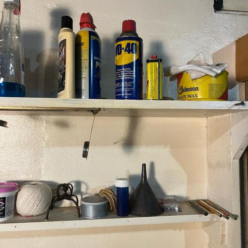 Large Mixed Lot Tools, Hardware & Supplies w/ Metal Toolbox, WD-40, Irwin, Adhesives, Paint