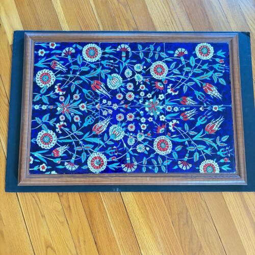 Large Framed Turkish Iznik-Style Floral Ceramic Tile Panel, 26"x18"