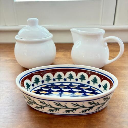 Polish Bolesławiec Oval Serving Dish & Classic with White Creamer Sugar Set