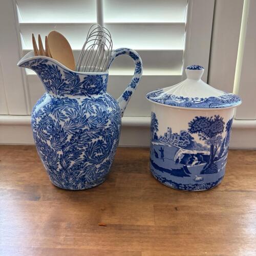 Spode Blue Italian Lidded Canister and Blue Leaf Motif Ceramic Pitcher