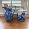 Spode Blue Italian Lidded Canister and Blue Leaf Motif Ceramic Pitcher