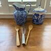 Spode Blue Italian Lidded Canister and Blue Leaf Motif Ceramic Pitcher - 2