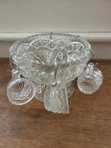 Miniature Vintage Pressed Glass Punch Bowl Set w/6 Cups